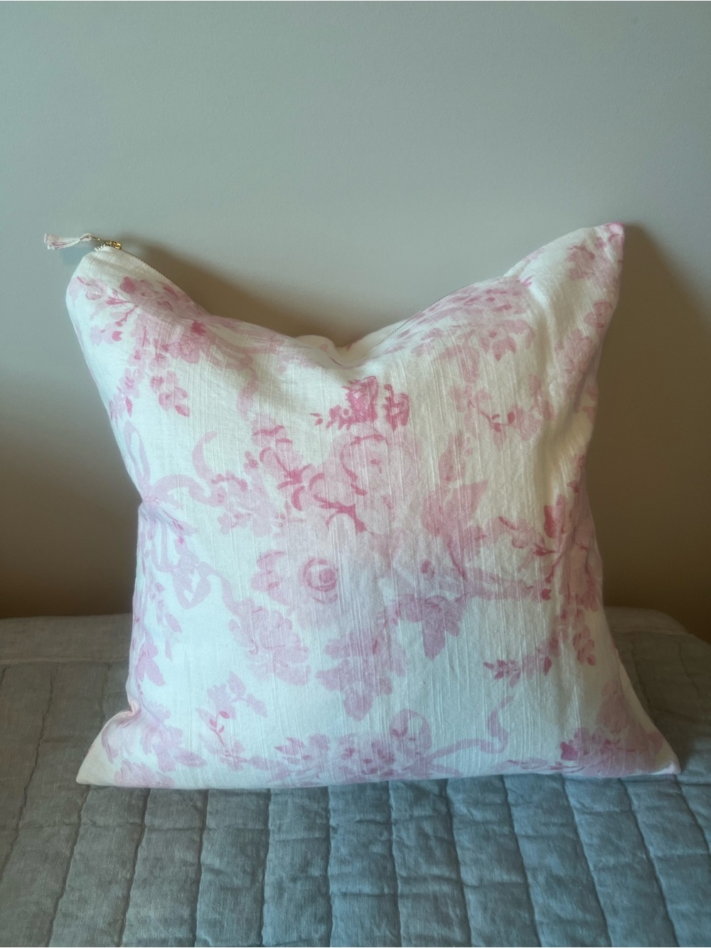 LoveShackFancy Pottery Barn 
Pink and White Floral Pillow Cover with Gold Zipper